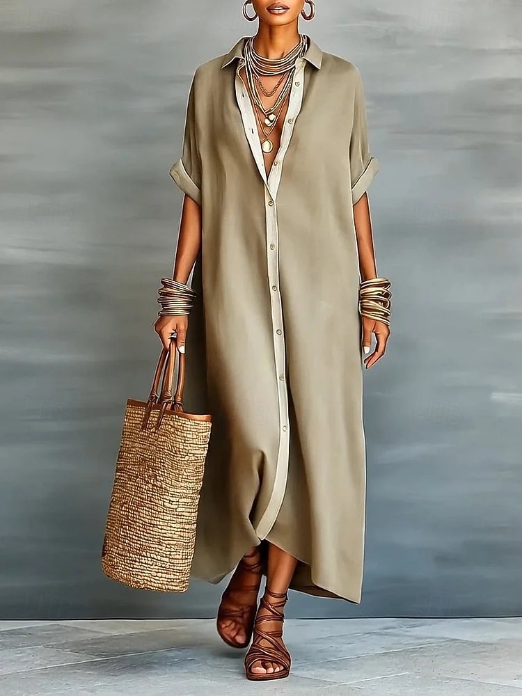 Damen Maxikleid Hemdblusenkleid Elegant Lässig Party Lässiger Schnitt Einfach Kurzarm Hemdkragen Blau Schwarz Rosa Grün Sommer Frühling 2026 - $41.99 –P2