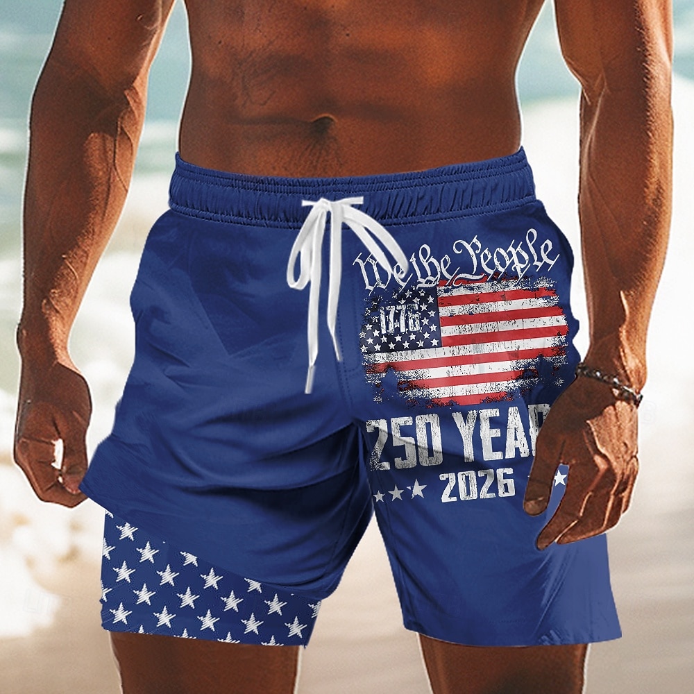 Per uomo 4 luglio, 250° anniversario degli Stati Uniti Bandiera degli Stati Uniti Noi, il popolo Pantaloncini foderati Pantaloncini da bagno 2 in 1 Pantaloncini da mare Misura del girovita medio del 2026 a $22.99 –P3