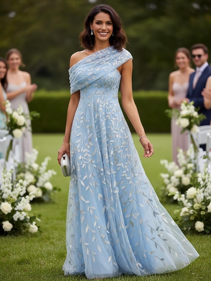 Ballkleid A-Linie Bodenlang Brautmutterkleid Ärmellos Ein-Schulter Elegant Formell Hochzeitsgast Formeller Abend Tüll mit Falten Gerafft Stickerei 2026 - $182.99 –P1