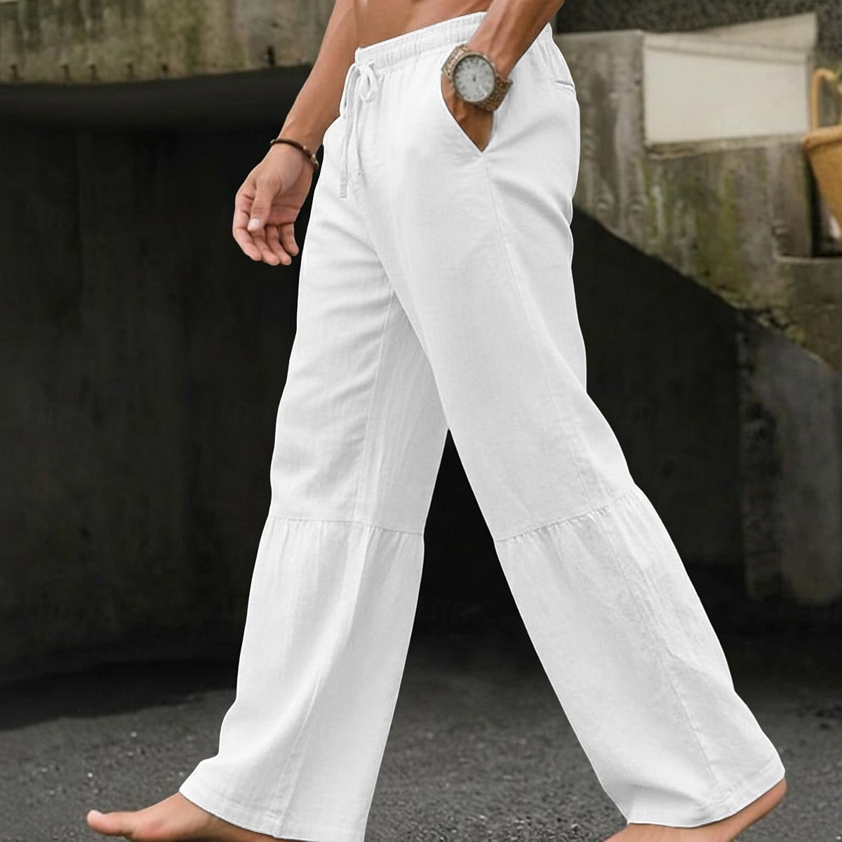 Men's Culottes Wide Leg Linen Pants Summer Pants Baggy Pants Drawstring Patchwork Elastic Waist Plain Comfort Breathable Full Length Casual Daily Outdoor Vacation Fashion Black White Inelastic 2026 - $29.99 –P3