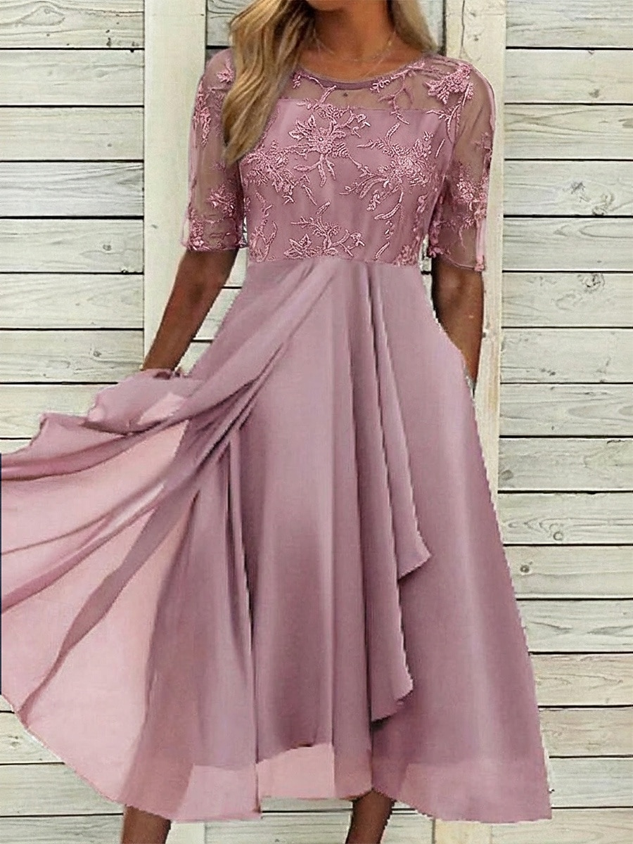 Damen Midikleid Spitzenkleid Cocktailkleid Kleid für Hochzeitsgäste Chiffonkleid Elegant Formell Party Hochzeit Normale Passform Halbarm Rundhalsausschnitt Blau Rosa Wein Dunkelgrün Sommer 2026 - $44.99 –P6