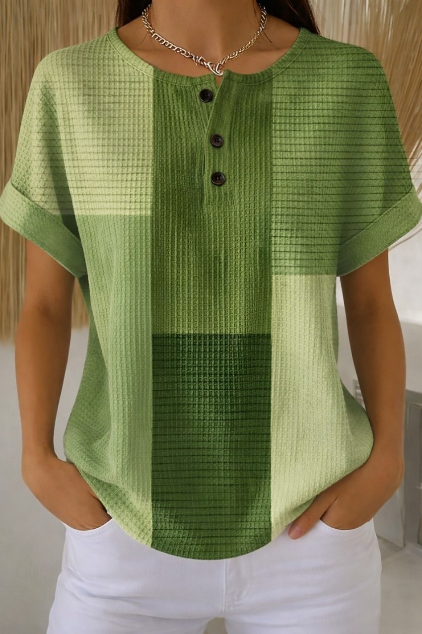 Hauts tricotés texturés Waffle pour femmes t-shirt à bloc de couleur graphique géométrique stylé classique à manches courtes col rond quotidiens sportifs week-end noir et blanc jaune vert arc-en-ciel de 2026 ? $21.99 –P1