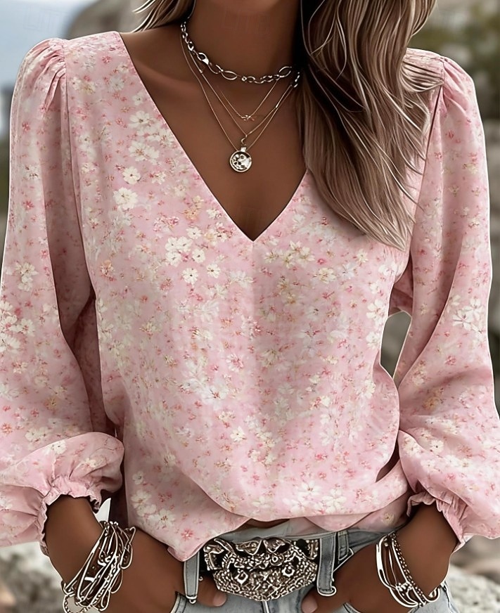 Pentru femei Bluză Imprimeu Floral Boemia Epocă Casual Manșon Lung În V Topuri obișnuite Zilnic Albastru piscină Negru Alb Roz Îmbujorat Roșu Vin Vară Primăvară Toamnă 2026 - $25.99 –P7