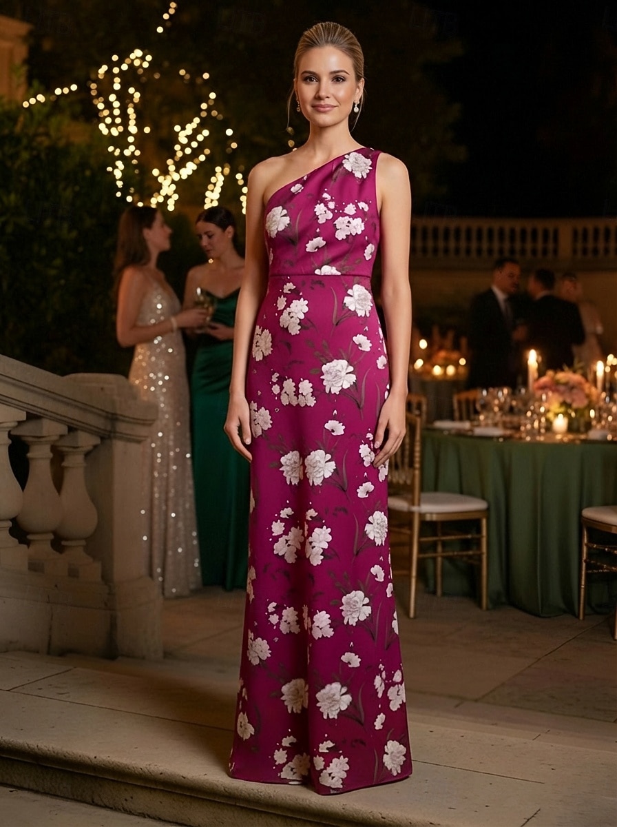 Sheath Column Floor Length Print Dress Evening Gown Prom Dresses Evening Gown Ball Gown Formal Dress Elegant Vintage Sleeveless One Shoulder Garden Party Wedding Satin with Floral Print 2026 - $195.99 –P2