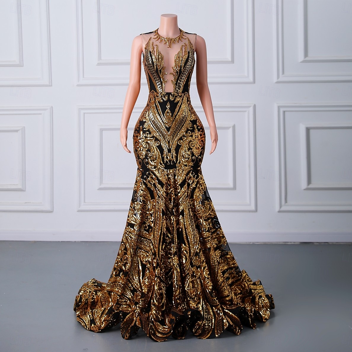 Corte Trompeta Sirena Cola barrida Trajes de gala Vestidos de noche Corte Cenicienta Vestimenta formal Elegante Sin Mangas Escote de ilusión Carnaval Formal afroamericano Lentejuelas con Lentejuela 2026 - $287.49 –P7