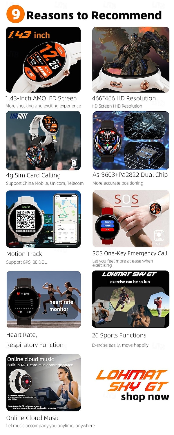 Relógio inteligente Lokmat Sky GT de 1,43 polegadas com 4G LTE, função celular, pedômetro, lembrete de chamadas, monitor de sono, compatível com Android e iOS, unissex, longa duração da bateria, chamadas em modo mãos-livres, controle de mídia, IPX-4, 47 m de 2026 por $135.99 –P2