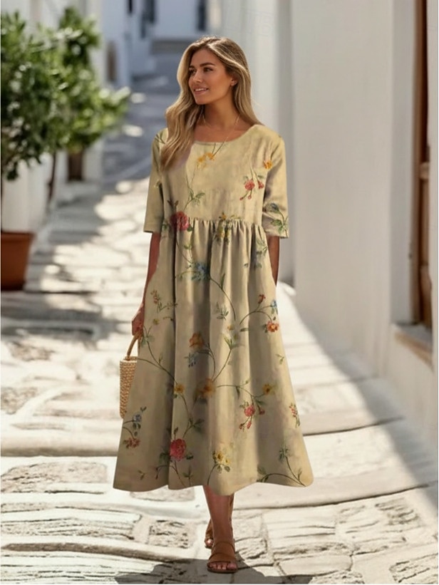 Mujer Vestido Midi Vestido informal Vestido de flores Clásico Moderno Diario Exterior Festivos Ajuste regular Flor Manga Corta Cuello Barco Azul Piscina Amarillo Fucsia Albaricoque Otoño 2026 - $39.99 –P2