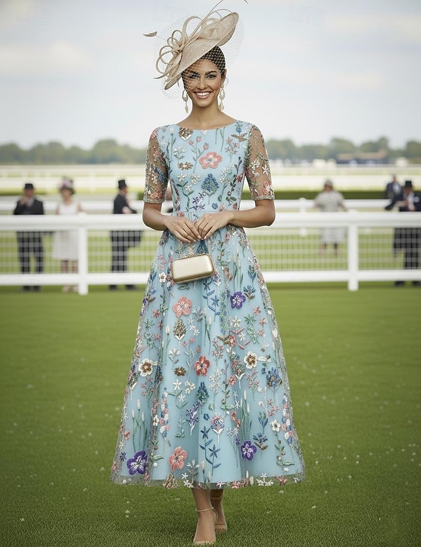 A-linje Kjoler Ankellengde Cocktail Kjole Gjestekjole til bryllup Kjole til brudens mor Halvlange ermer V-hals Elegant Fritid Formell Bryllupsgjest Kentucky Derby Chiffon Tyll med Blomstertrykk 2026 - $163.99 –P5