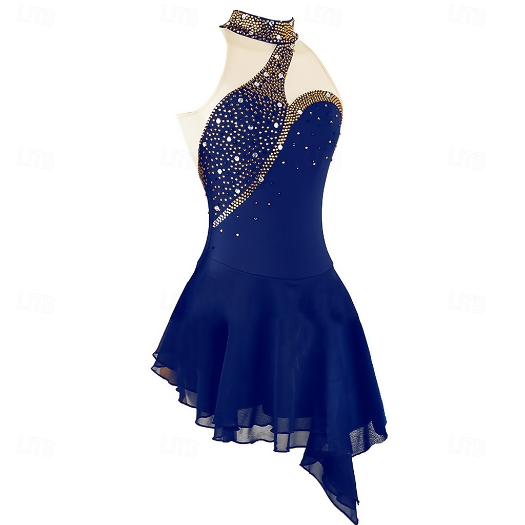Figure Skating Dress Girls' Ice Skating Dress Violet Navy Black Patchwork Asymmetric Hem Stretchy Training Competition Skating Wear Classic Crystal / Rhinestone Sleeveless Ice Skating Figure Skating 2026 - $199.99 –P3