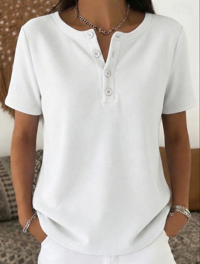 Women's Blouse Chest Buttons Solid Color Stylish Basic Classic Short Sleeve Crew Neck Regular Tops Daily Blue Black White Red Navy Blue Summer Spring 2026 - $26.99 –P2