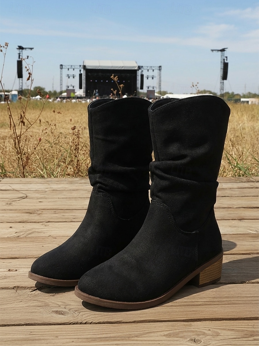 khaki westernstøvletter i semsket skinn til dame – vintage broderte cowboystøvletter med kraftig hæl til musikkfestivaler og Coachella-antrekk &countrykonserter 2026 - $42.99 –P1