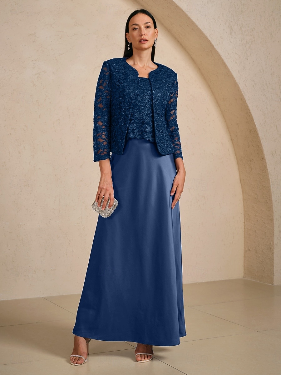 Women's Maxi Dress A Line Dress Satin Elegant Evening Party Lace Glitter Regular Fit Floral Sleeveless Square Neck Navy Blue 2026 - $135.99 –P2