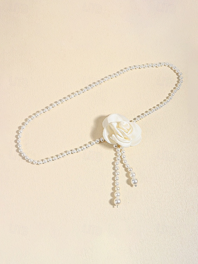 Collar de cadena para la cintura con perlas de imitación de camelia para mujer en blanco y negro, joyería elegante y versátil para bodas, fiestas nocturnas, para ir al trabajo y ocasiones formales. 2026 - $11.99 –P12
