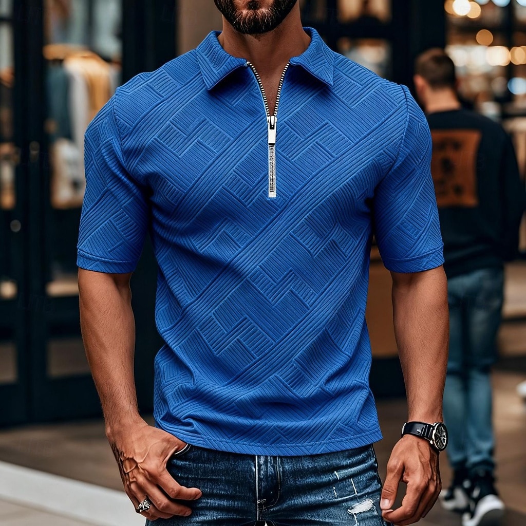 Per uomo Polo con zip Testurizzato Casuale Quotidiano Zip a un quarto Manica Corta Moda Tempo libero Semplice Cerniera Zip a un quarto Estate Primavera Blu Verde translucido blu navy Aalbicocca Blu del 2026 a $22.99 –P7