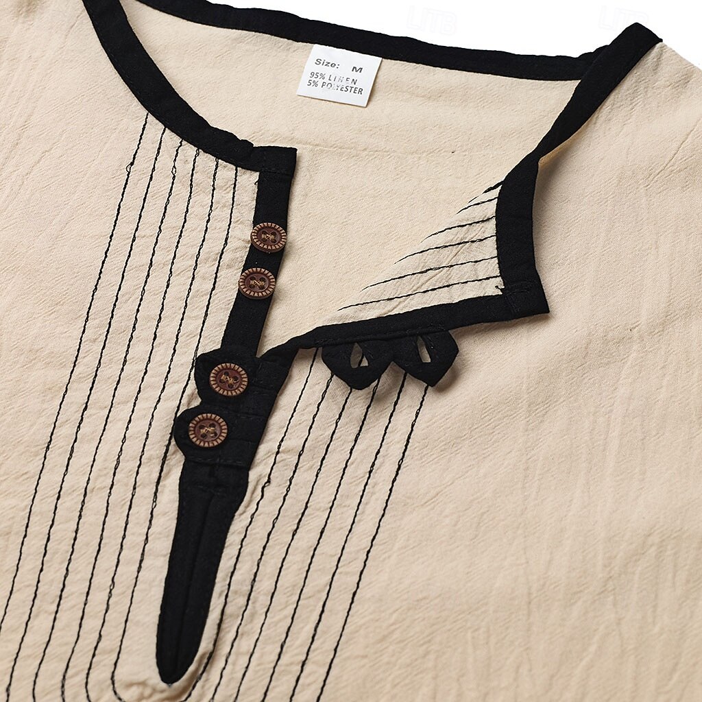 Pánské Tričko Tričko Henley Bavlněné plátěné tričko Dlouhý rukáv Henley Léto Jaro Barevné bloky Vinobraní Šik ven stylové Slátanina Barevné bloky Knoflíky Ležérní Denní Venkovní Bílá Černá Khaki Top 2026 - $22.99 –P11