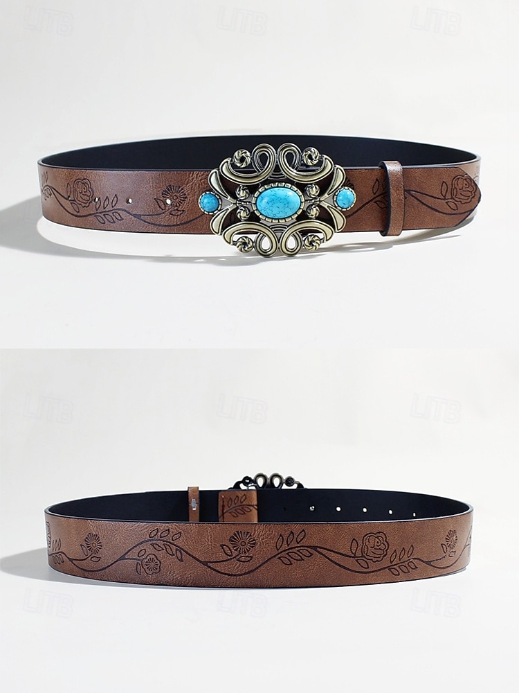 női bohém műbőr türkiz öv, fekete és barna western vintage deréköv gravírozott pánttal és díszes csattal hétköznapi viseletre, utazáshoz, nyaraláshoz és üdülőhelyi stílushoz 2026 - $12.84 –P6