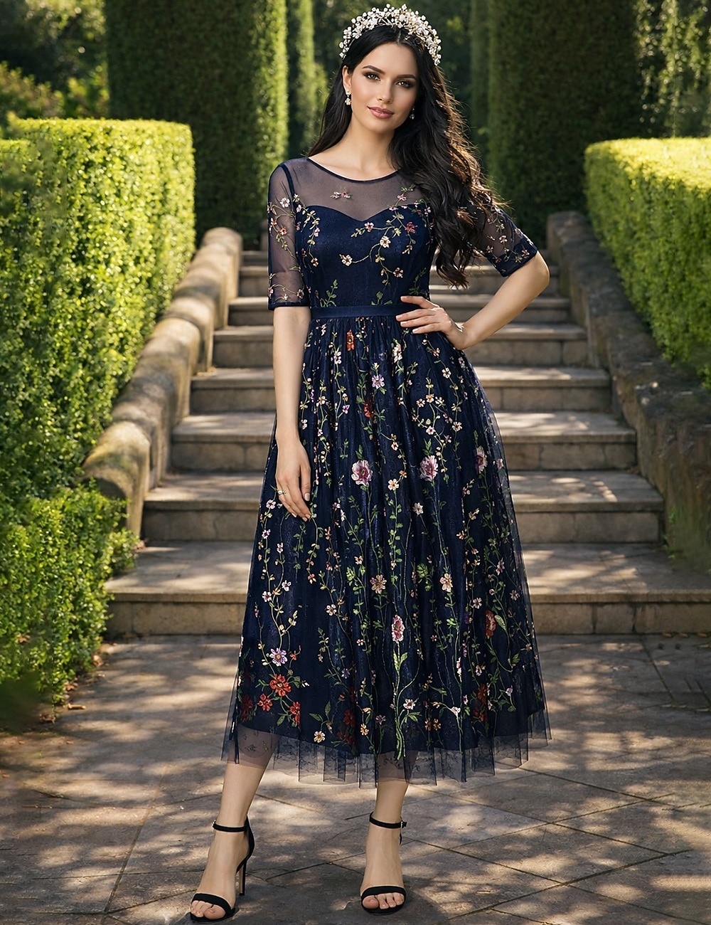 A-Lijn Bloemenjurk Valentijnsdag Bruiloft Gast Theelength Halve Mouw Illusie Hals Kant met Borduurapplicaties 2026 - $109.99 –P5