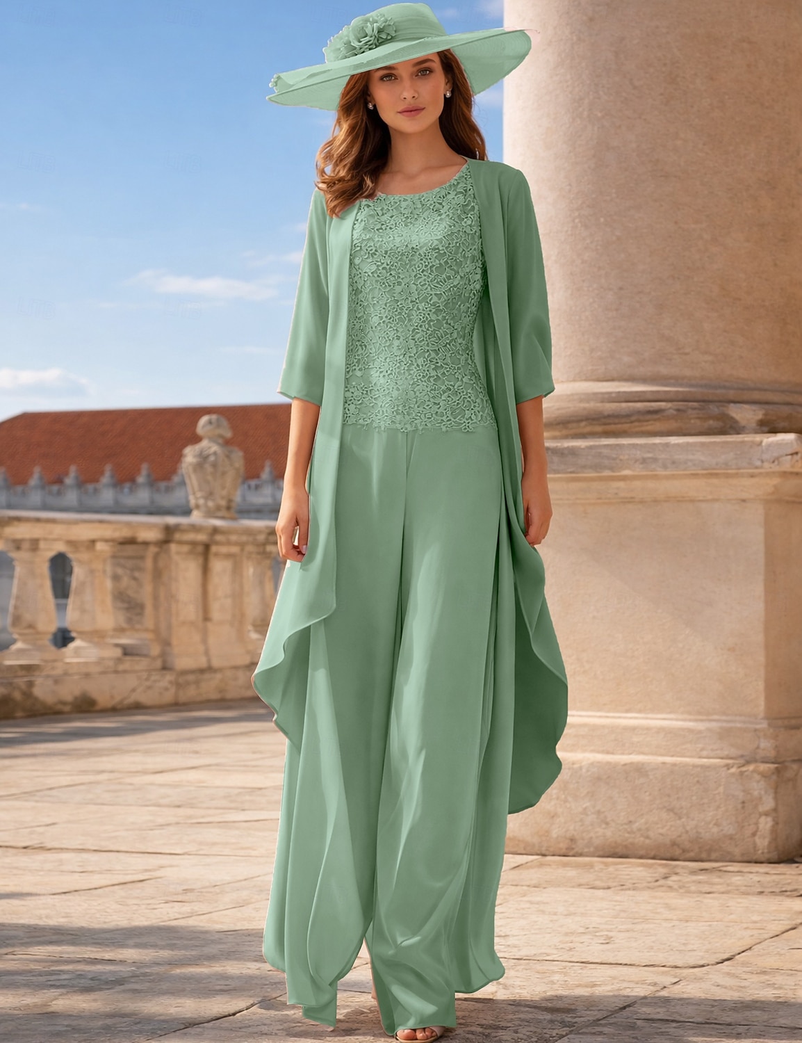 Broek 3-delig pak Tot de grond Moeder van de bruid jurk Mouwloos Ronde hals Elegant Grote maten Formeel Bruiloft gast Chiffon Kant met Appliqués 2026 - AU $253.66 –P10