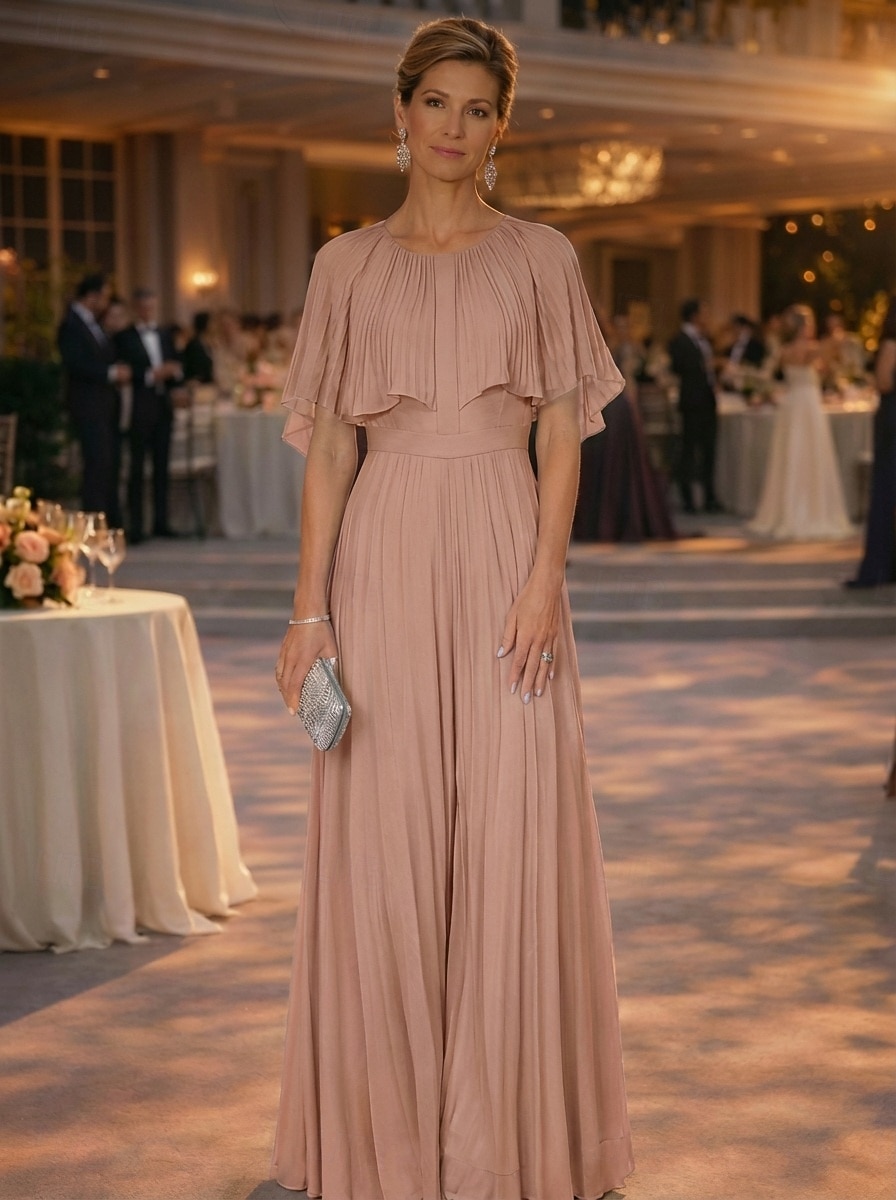 Overall Hosenanzug Bodenlang Brautmutterkleid Kurzarm Halbarm Rundhalsausschnitt Elegant Einfach Lässig Formell Hochzeitsgast Hochzeitsfeier Chiffon Schals mit Falten 2026 - $171.99 –P1