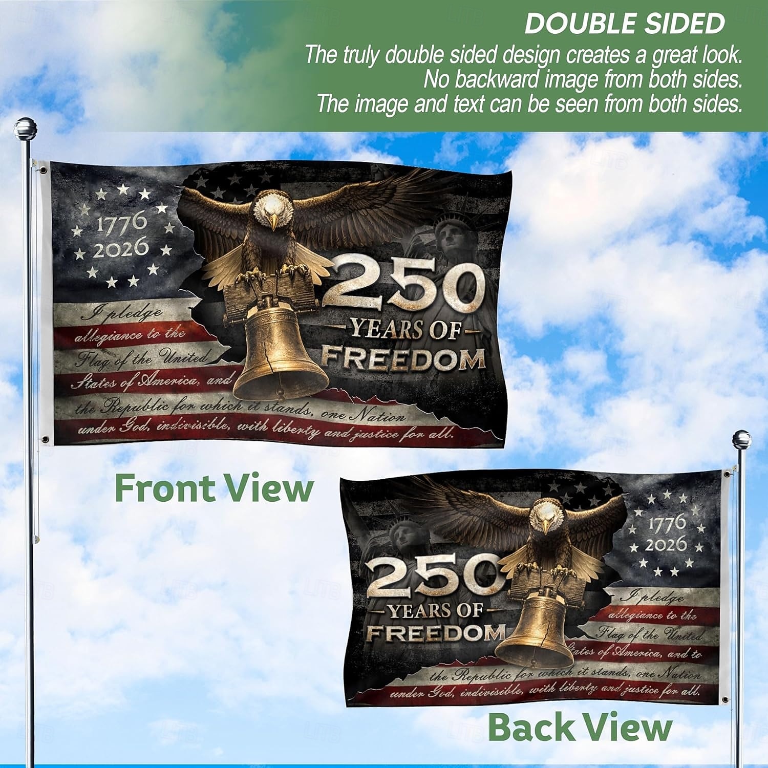 Drapeau américain du 250e anniversaire orné d'un aigle à tête blanche, de la cloche de la Liberté et de la mention « 1776-2026 », idéal pour une décoration patriotique à la maison ou pour des fêtes. de 2026 ? $17.99 –P4