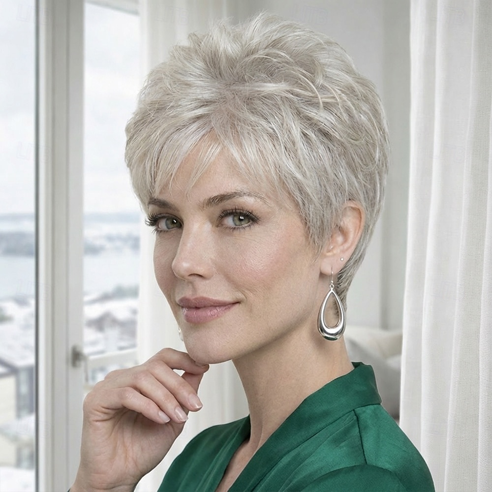 parrucca corta argentata chic da donna, con frangia spettinata e soffice del 2026 a $30.99 –P2