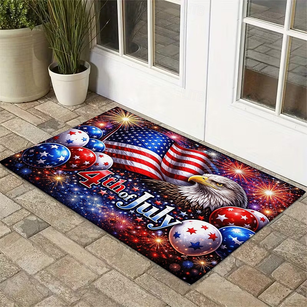 U.S. 250th Anniversary front door mat 4th of July Doormat Featuring American Flag Bald Eagle and Fireworks Design Patriotic Red White Blue Balloons Perfect for Independence Day entryway deco 2026 - $12.49 –P1