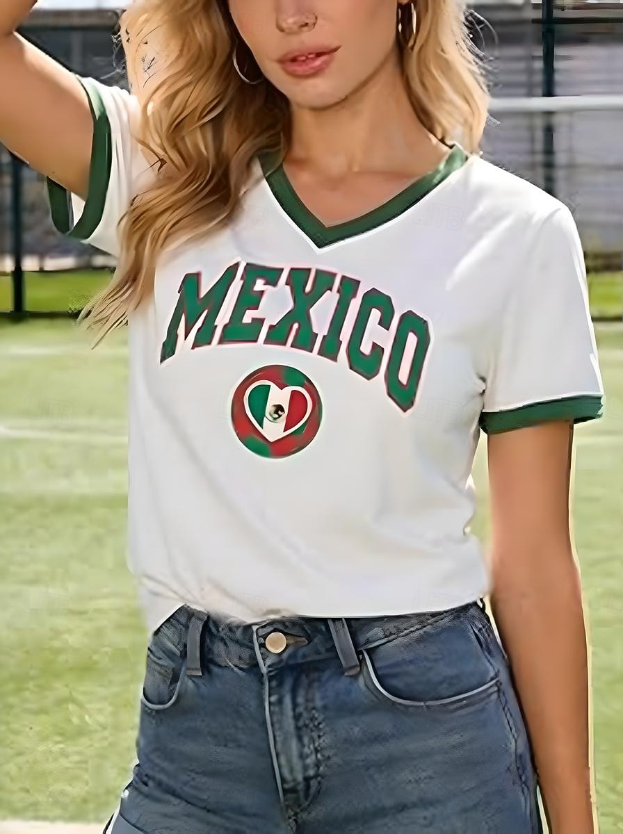 Maglietta da Donna World Soccer Match 2026 Stampa Grafica Squadra di Calcio Elegante Casual Maniche Corte Collo a V Regular Top Giornalieri Blu Bianco Giallo Blu Reale Verde Estate Primavera del 2026 a $21.99 –P3