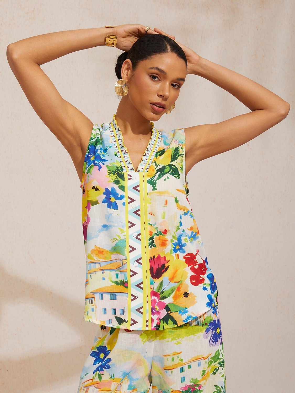 Luftig ärmlös topp i linne-look med citrusträdgård och semestermönster 2026 - $56.99 –P4