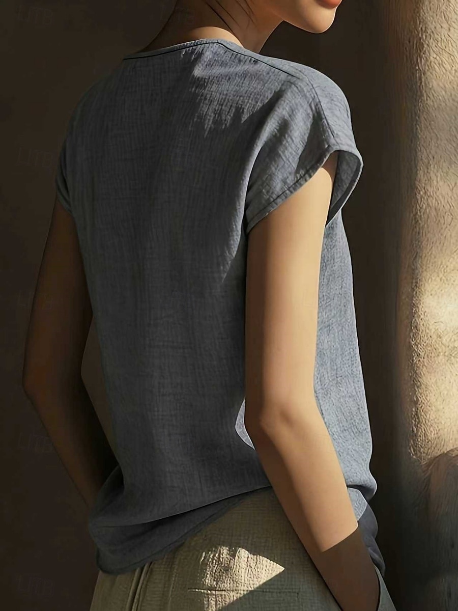 Women's T Shirt Cotton Linen T Shirt Faux Cotton Linen Tee Top Patchwork Plain Classic Casual Short Sleeve V Neck Regular Tops Daily Going out Weekend Sky Blue Apricot Gray Summer Spring 2026 - $24.99 –P6