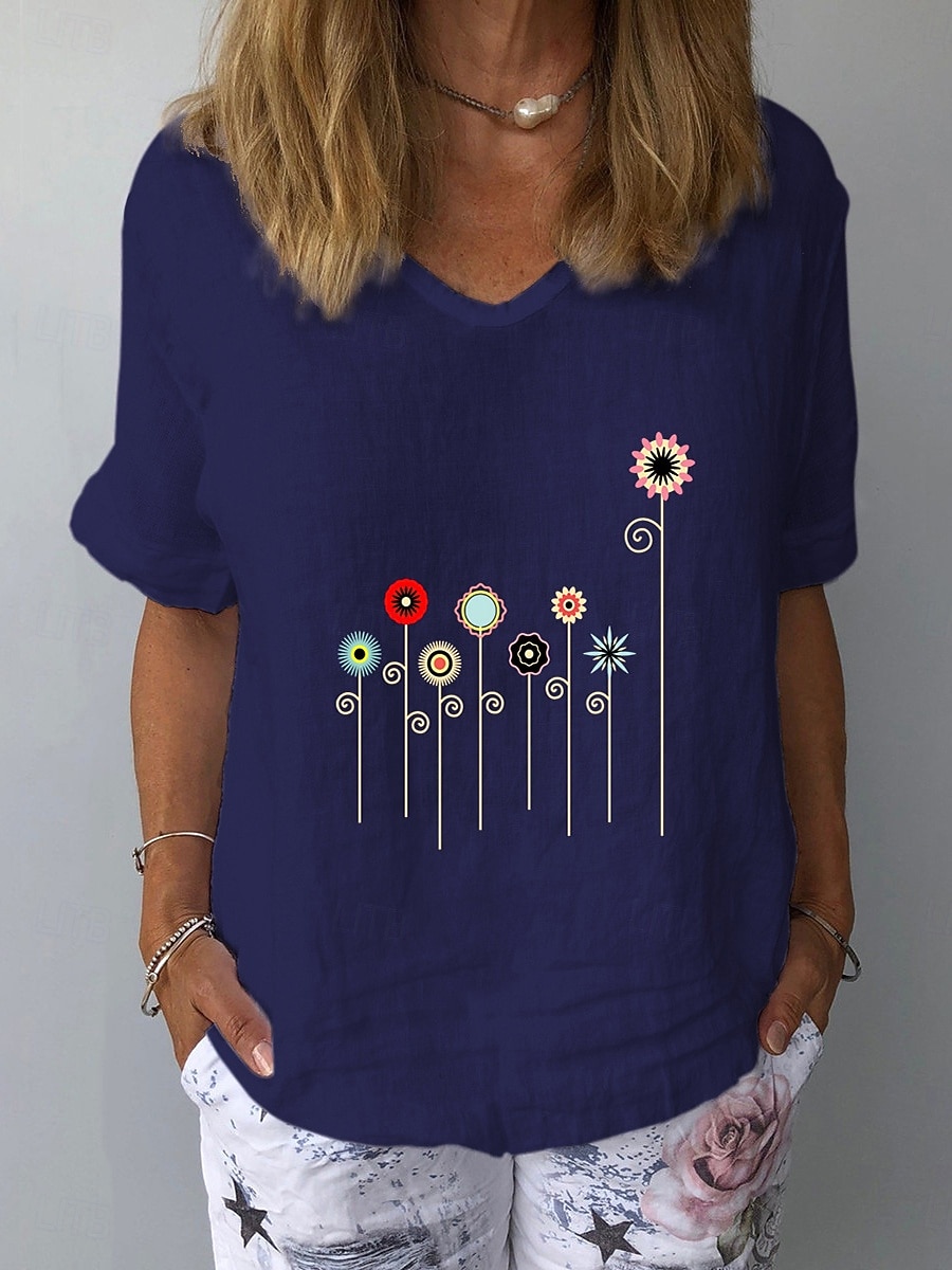 Damen Baumwoll Mischung T Shirt Druck Grafik Pflanzen Mode Stilvoll Klassisch Kurzarm V Ausschnitt Normale Oberteile Täglich Ausgehen Wochenende Weiß Gelb Tintenblau Grau Leicht Blau Sommer Frühling 2026 - $19.99 –P1