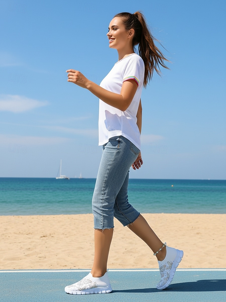 Sneakers da donna bianche in maglia con farfalle e strass: scarpe da passeggio leggere e traspiranti, facili da indossare, con suola flessibile antiscivolo, scarpe casual scintillanti per viaggiare, del 2026 a $26.99 –P6