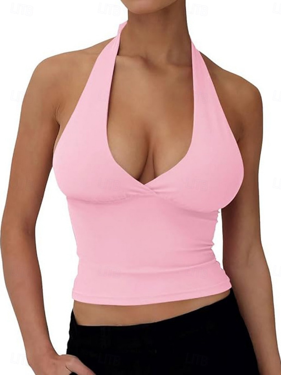 Per donna Canotta All'americana Maglietta senza maniche Maglietta Senza schiena Tinta unica Grafico Semplice Moda Classico Casual Senza Maniche Scollo a V Top corti Quotidiano Uscire Weekend Nero del 2026 a $12.99 –P7