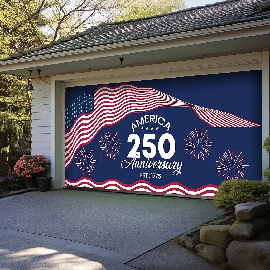 4th of July 2026 250th Memorial Day Anniversary 1775 Wavy American Flag Stars Stripes Fireworks Garage Door Banner Patriotic Outdoor Decoration Independence Day 4th of July Celebration Mural Backdrop 2026 - $49.99 –P2