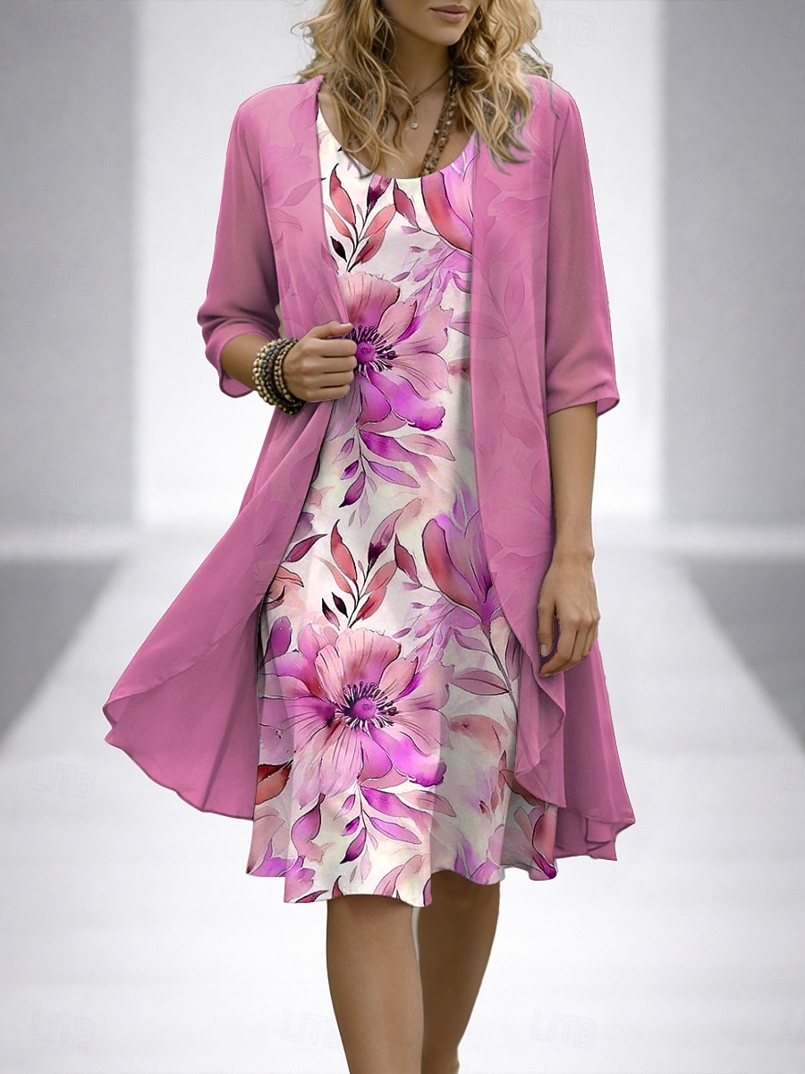 Women's Dress Set A Line Dress Elegant Vacation Floral Graphic Layered Print Mini Dress Half Sleeve Crew Neck Daily Blue Pink Purple Summer Spring Regular Fit 2026 - $43.99 –P2