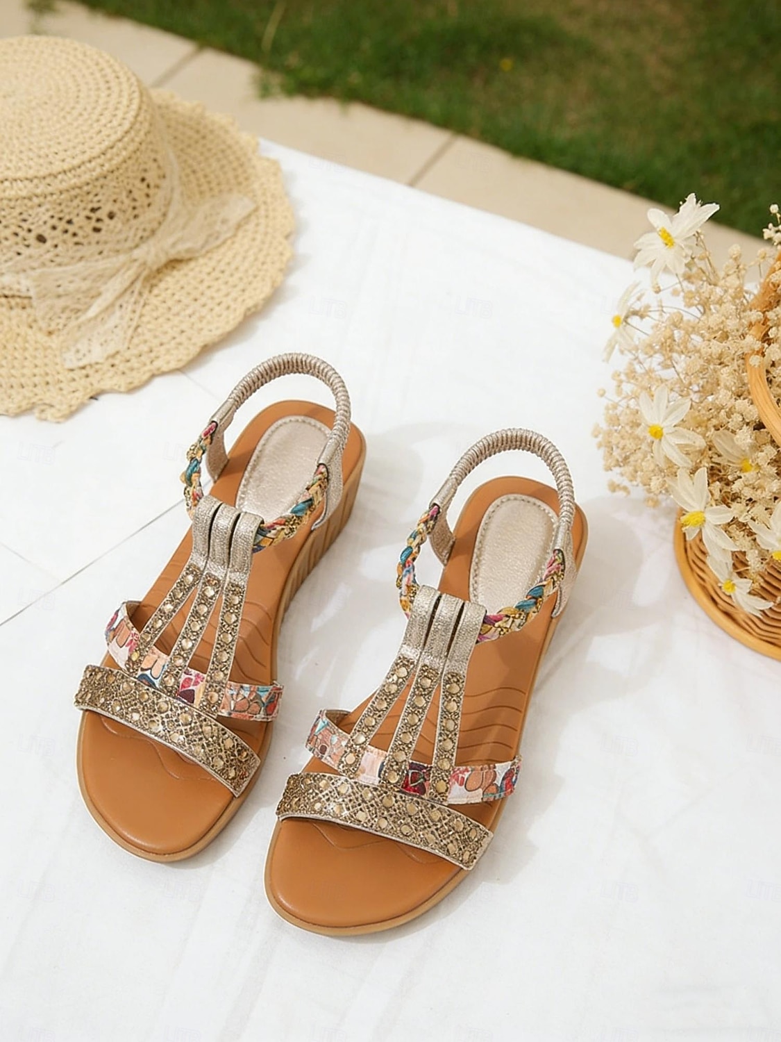 damskie sandały na koturnie z ozdobami z kryształków – wygodne elastyczne paski i kwiatowe wzory na co dzień, latem 2026 - $26.99 –P3