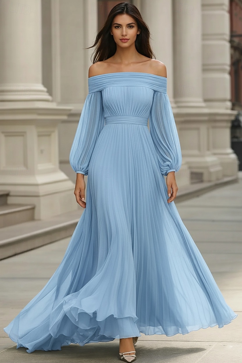 A-Line Floor Length Evening Gown Wedding Guest Dresses Formal Dress Elegant Long Sleeve Off Shoulder Wedding Formal Chiffon with Pleats Ruched 2026 - $194.99 –P4