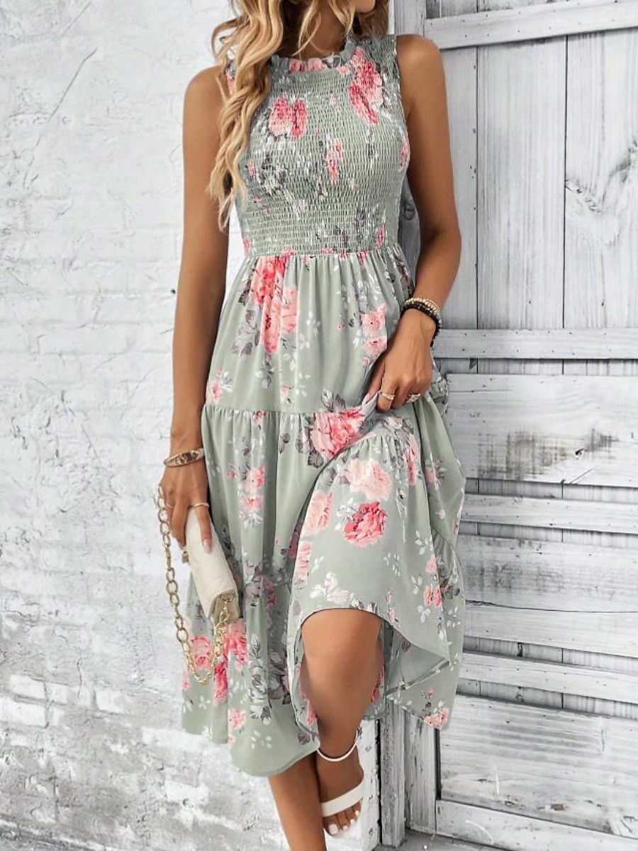 Damskie Sukienka midi Codzienne sukienki Sukienka A line Sukienka w kwiatki Elegancja Moda Nowoczesny Na zewnątrz Urlop Wyjściowe Regularny Kwiaty Bez rękawów Półgolf Niebieski Biały Rumiany róż Lato 2026 - $27.99 –P13