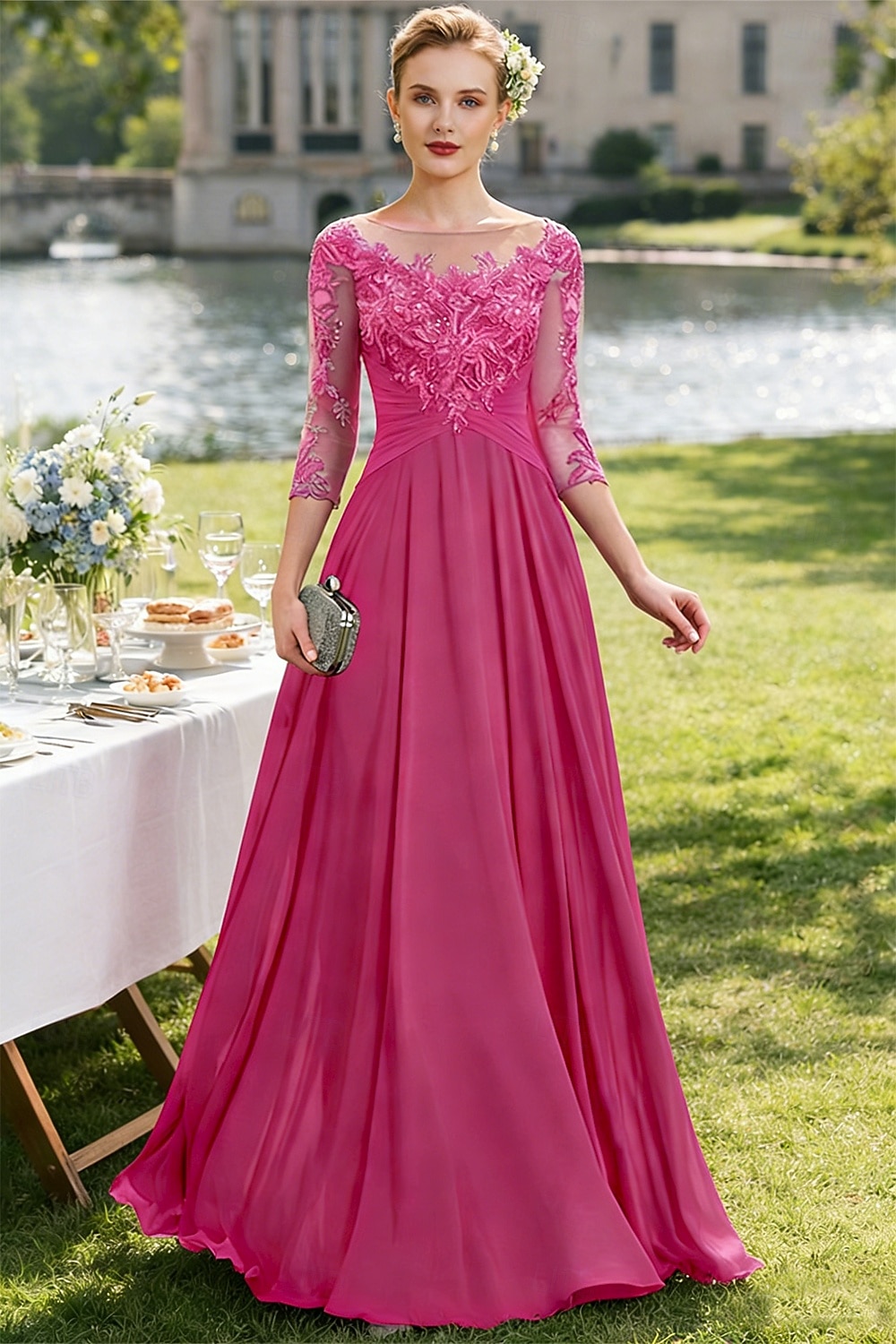 Linea ad A Lunghezza al pavimento Abito da invitata a nozze Abito Formale Abito da sera Abito da cerimonia per signora Manica 3/4 Collo gioiello Elegante Ricevimento di matrimonio Chiffon Pizzo con del 2026 a $195.99 –P8