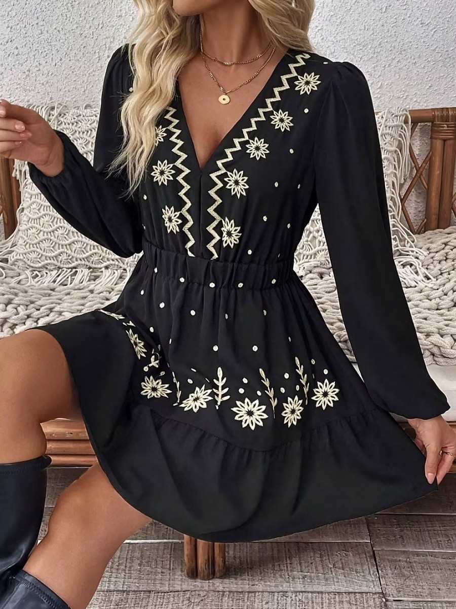 Damen Minikleid Boho-Kleid Freizeitkleid Elegant Mode Modern Outdoor Urlaub Ausgehen Normale Passform Blumen Langarm V Ausschnitt Schwarz Wein Rote Grün Sommer Frühling 2026 - $43.99 –P7
