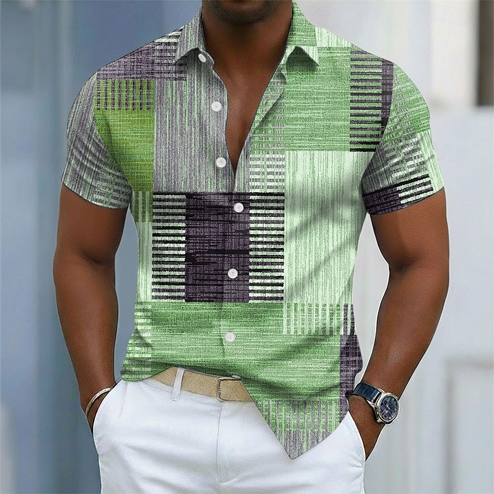 Men's Geometric Color Block Patchwork Shirt Button Up Shirt Casual Dress Shirt Short Sleeve Fashion Casual Streetwear Vacation Spring Fall Turndown 3D Print Collared Shirts Blue Purple Green Khaki 2026 - $25.99 –P3
