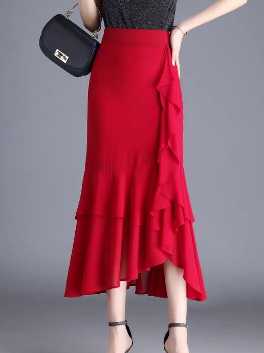 Mujer Falda de vacaciones Elegante Moda Casual Midi Alta cintura Faldas Plano Rizado Microelástico Diario Calle Negro Rojo Morado Café Verano 2026 - $43.99 –P2