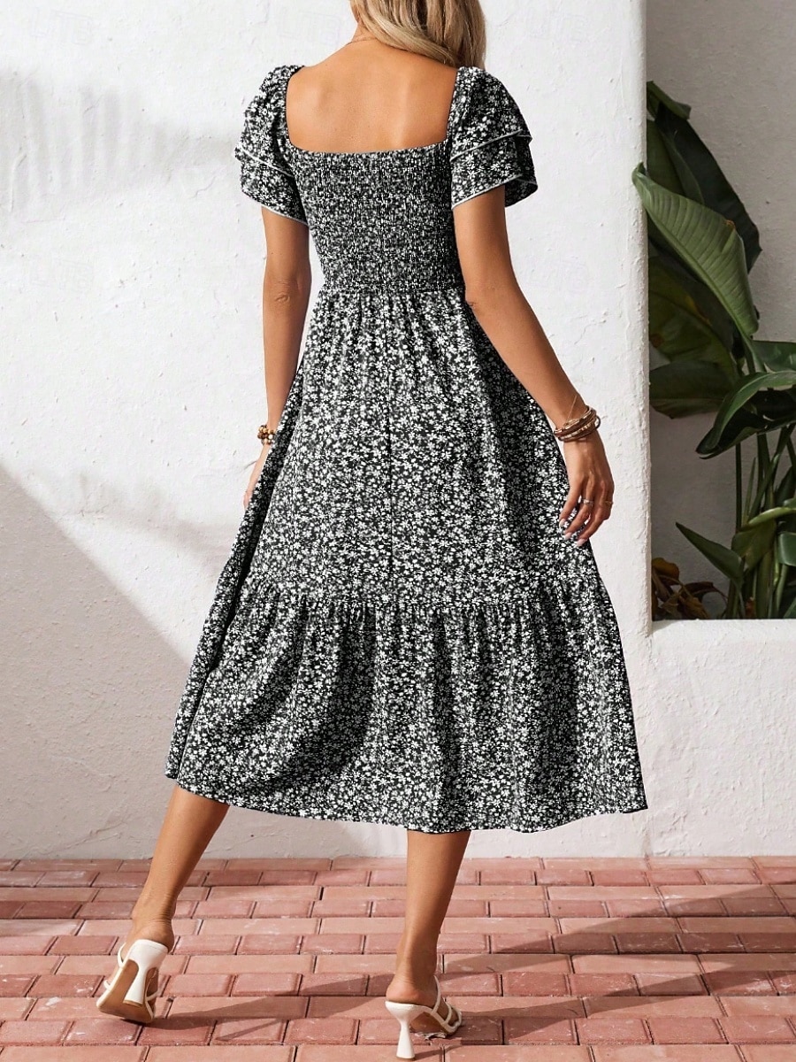 Dam Midiklänning Vardagsklänning Swingklänning Blommig klänning Elegant Mode Modern Utomhus Semester Utekväll Normal Ditsy Floral Kortärmad Fyrkantig hals Blå Svart Rubinrött Purpur Sommar Vår 2026 - $33.99 –P20