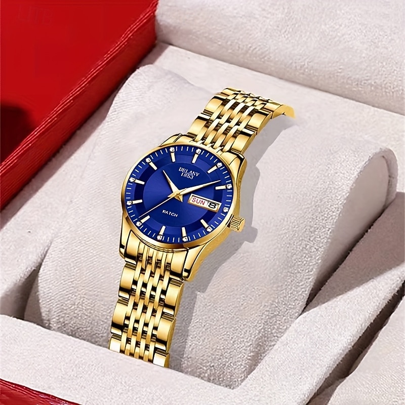 Luxe dameshorloge, tweekleurige goud-zilveren roestvrijstalen band, lichtgevende wijzers met datum- en dagweergave, elegante zwarte wijzerplaat met diamanten accenten, een stijlvol polshorloge voor 2026 - $22.99 –P2