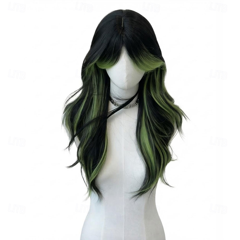 Peruca longa ondulada com franja, em tom preto natural com mechas verdes. &Peruca sintética gótica lolita para cosplay, com risca ao meio e resistente ao calor, ideal para uso diário e festivais. de 2026 por $30.99 –P1