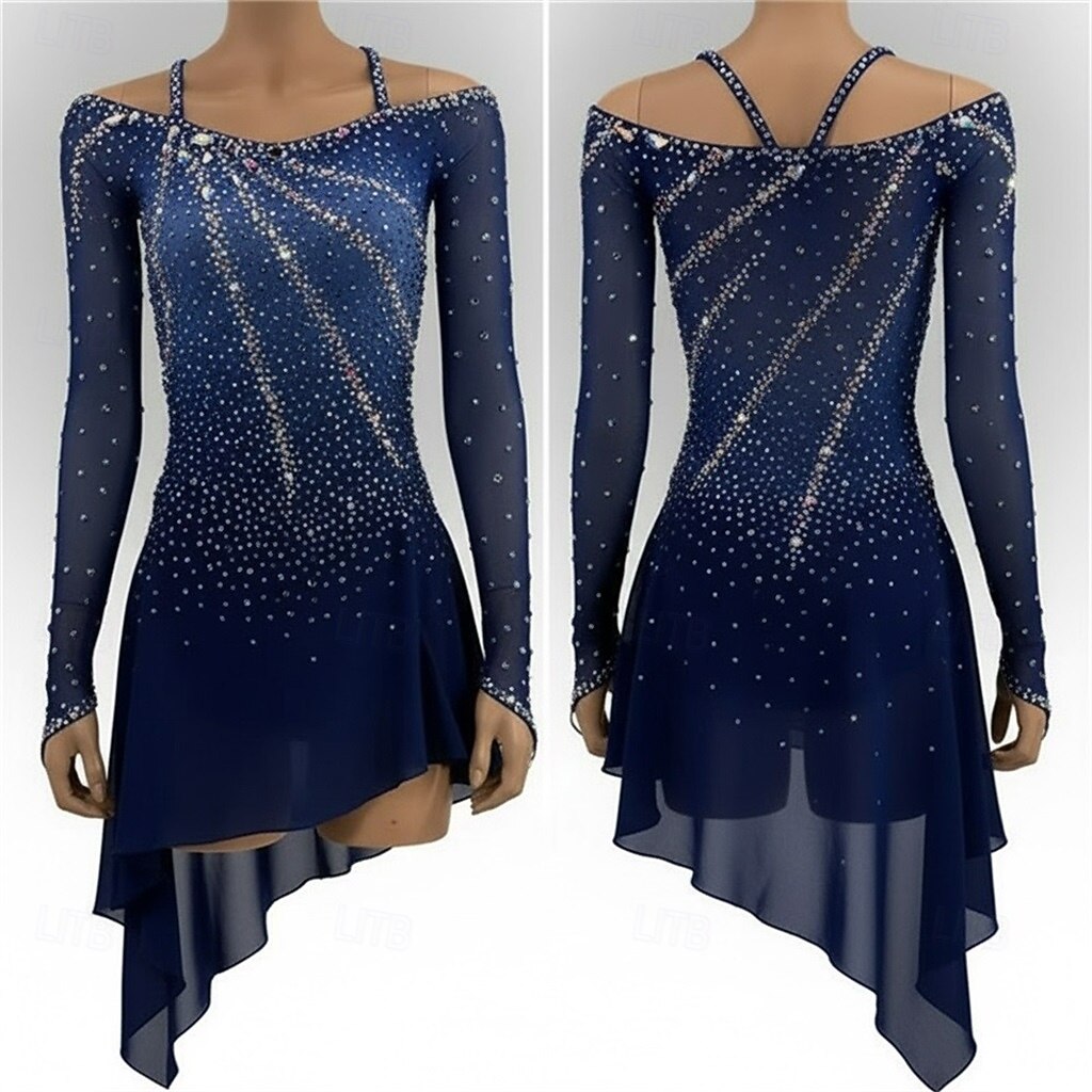 Vestido de patinaje artístico Chica Patinaje Sobre Hielo Vestidos Azul marinero Retazos Costura asimétrica Elástico Entrenamiento Competición Ropa de Patinaje Clásico Cristal / Strass Manga Larga 2026 - $241.49 –P2