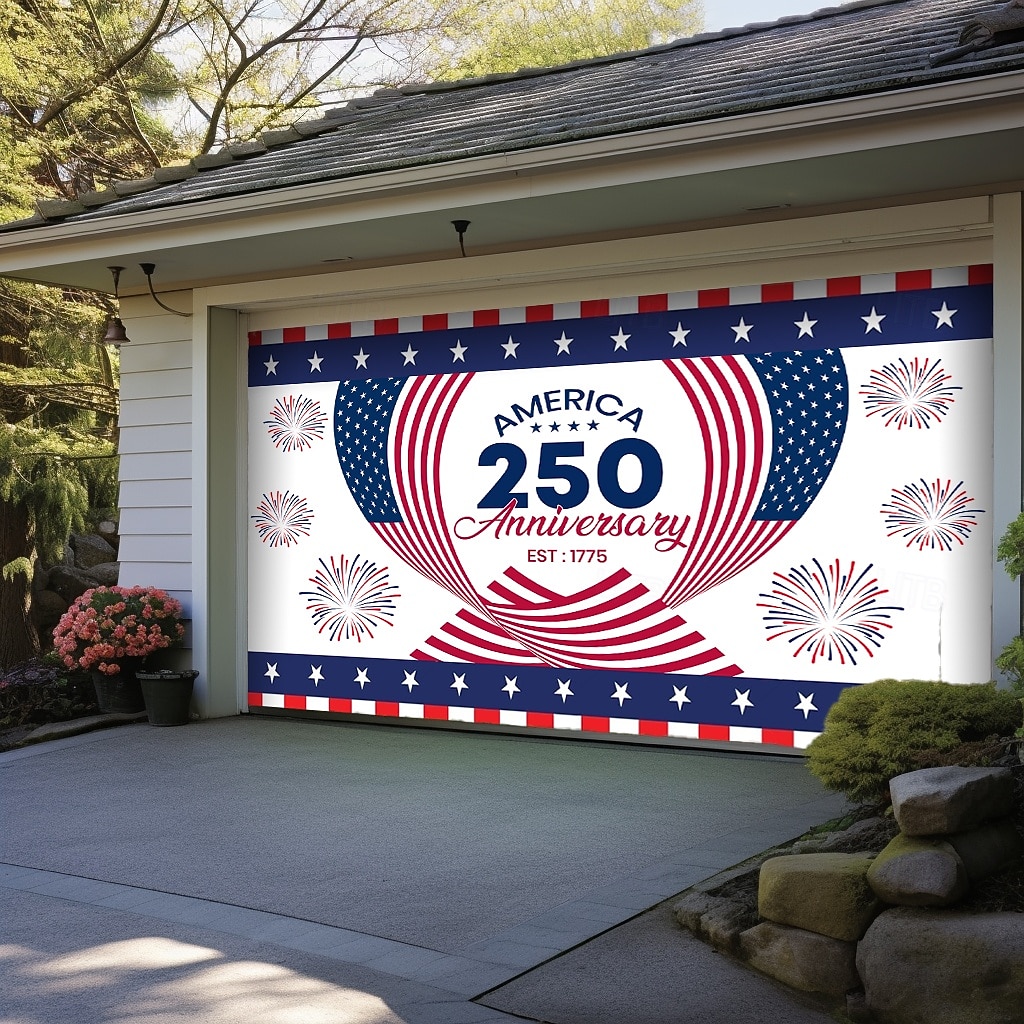 4th of July 2026 250th Memorial Day Anniversary 1775 Wavy American Flag Stars Stripes Fireworks Garage Door Banner Patriotic Outdoor Decoration Independence Day 4th of July Celebration Mural Backdrop 2026 - $49.99 –P5