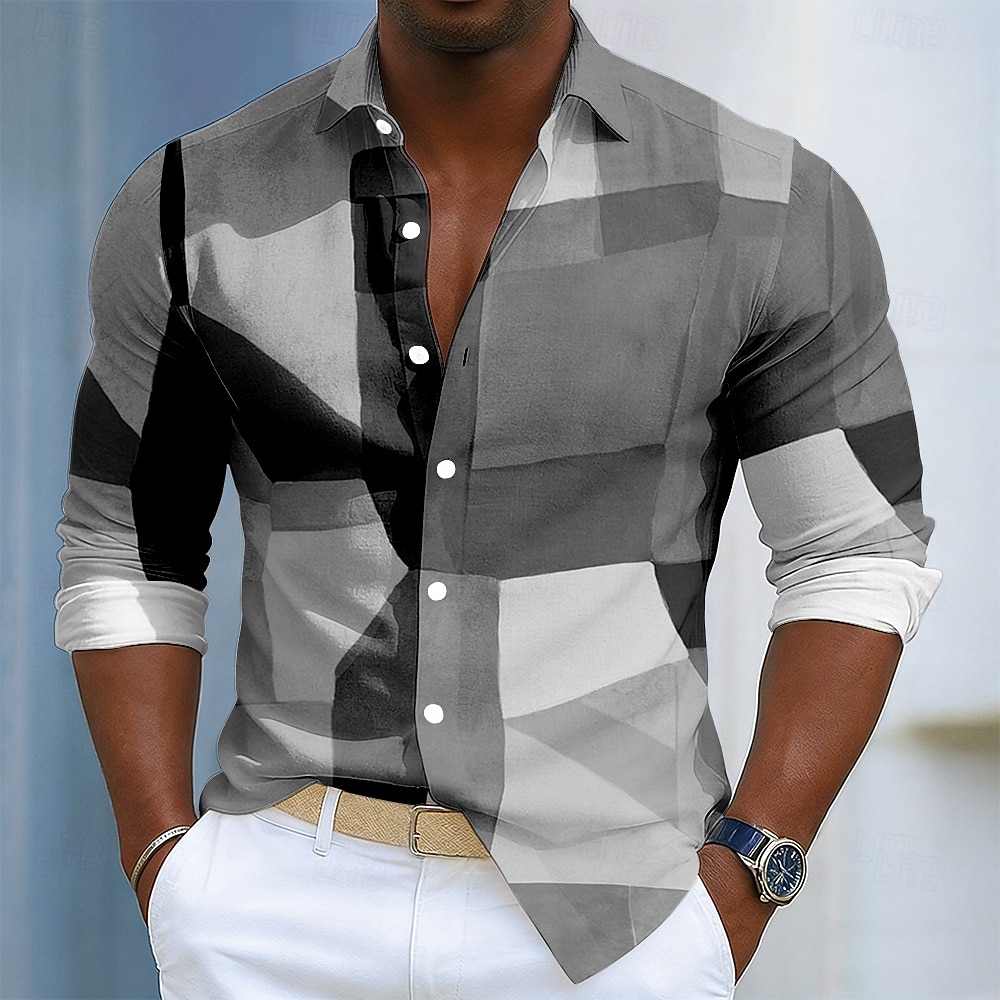 Voor heren Kleurenblok Lapwerk Abstracte kunst Overhemd Overhemd met knopen Lange mouw Mode-casual Dagelijks Buiten Streetwear Lente Herfst Strijkijzer 3D-afdrukken Linnenachtig shirt blauw Bruin 2026 - $27.99 –P4