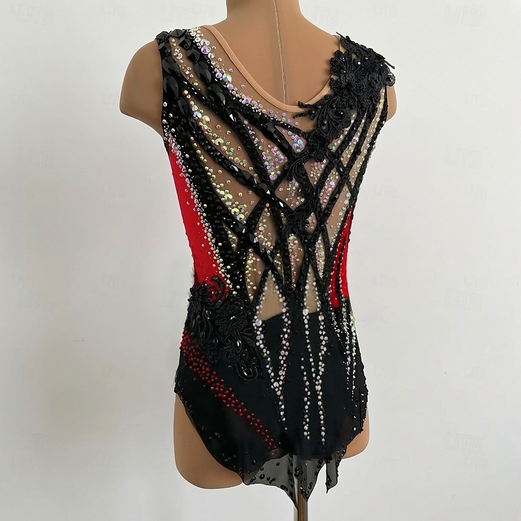 Dámský dívčí dres na rytmickou gymnastiku, černý, s otvorem pro palec, barvení na halo, vysoká elasticita, profesionální soutěžní bruslařské oblečení, krystaly/kamínky, bez rukávů, bruslení na 2026 - $442.39 –P2