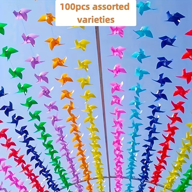 100 unidades - Guirnalda de molinillos de viento de 4 hojas, molinillos de plástico coloridos, incluye 30 metros de hilo, perfectos para bodas, cumpleaños, fiestas y decoración de jardines. 2026 - $19.99 –P1