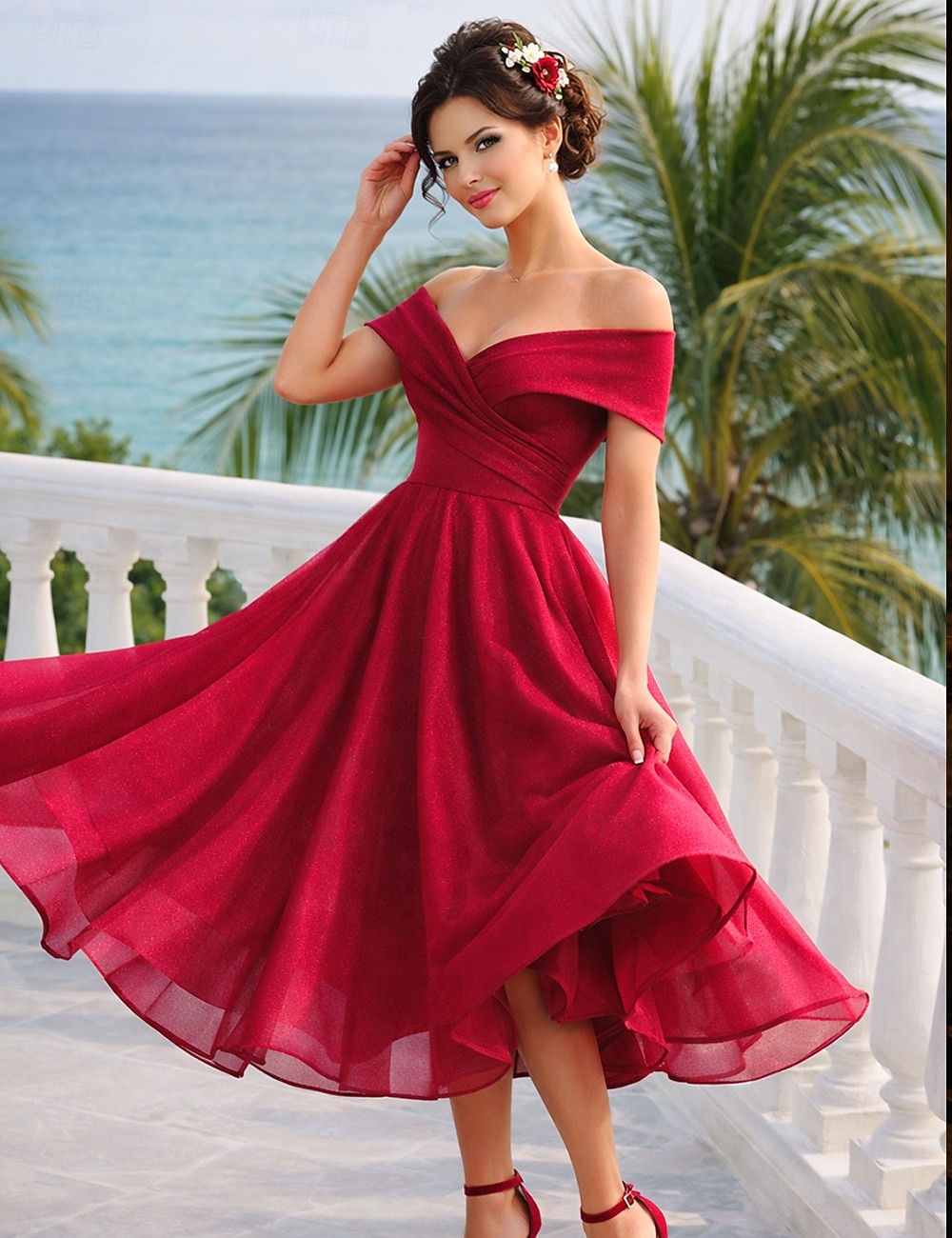 Linea ad A Lunghezza Tè Abiti da Cocktail Abiti da festa Vintage Anni 1950 Senza Maniche Senza Spalle Ospite di nozze Tulle con Pieghe del 2026 a $142.99 –P3